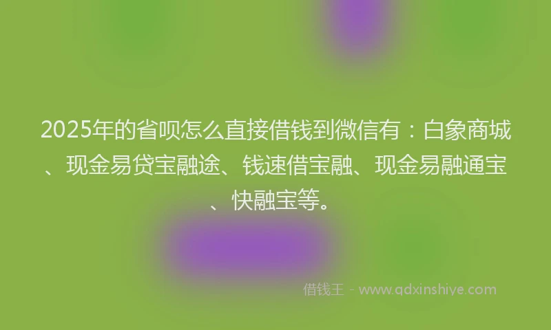 2025年的省呗怎么直接借钱到微信有：白象商城、现金易贷宝融途、钱速借宝融、现金易融通宝、快融宝等。