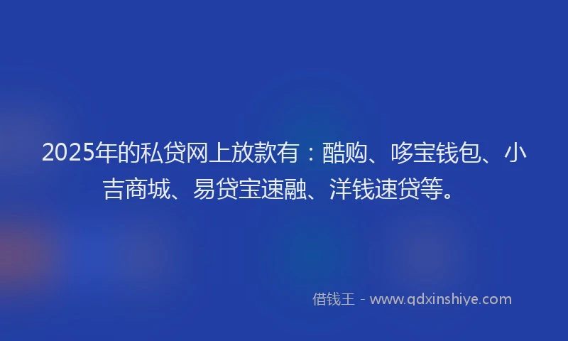 2025年的私贷网上放款有:酷购、哆宝钱包、小吉商城、易贷宝速融、洋钱速贷等。