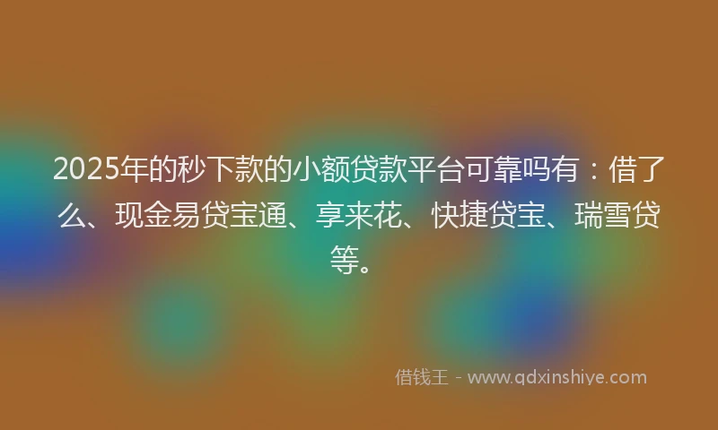 2025年的秒下款的小额贷款平台可靠吗有：借了么、现金易贷宝通、享来花、快捷贷宝、瑞雪贷等。