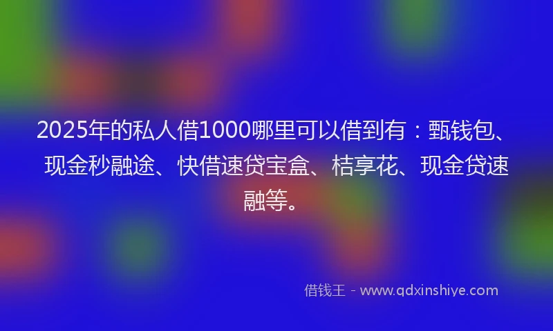 2025年的私人借1000哪里可以借到有：甄钱包、现金秒融途、快借速贷宝盒、桔享花、现金贷速融等。