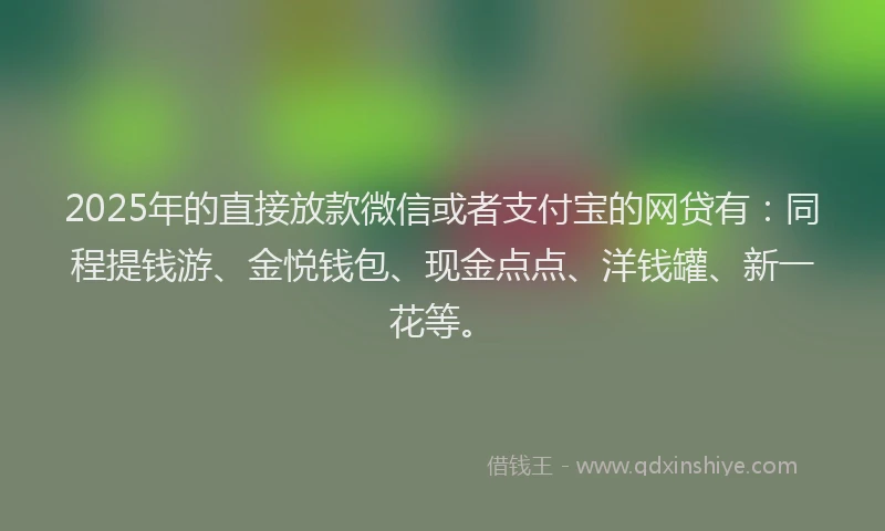 2025年的直接放款微信或者支付宝的网贷有:同程提钱游、金悦钱包、现金点点、洋钱罐、新一花等。