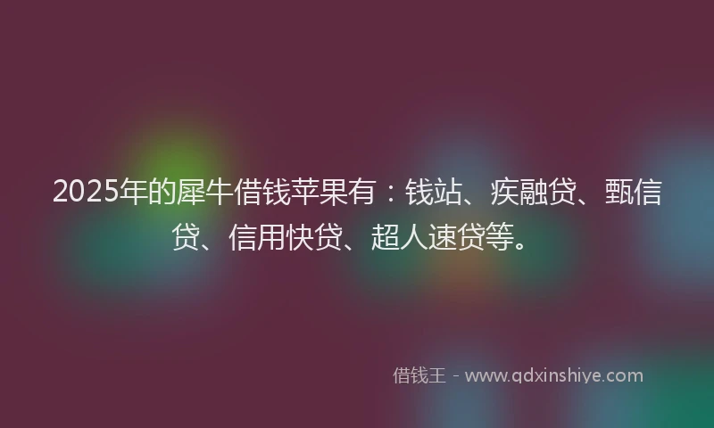 2025年的犀牛借钱苹果有：钱站、疾融贷、甄信贷、信用快贷、超人速贷等。
