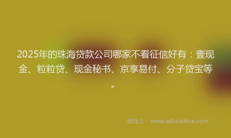 2025年的珠海贷款公司哪家不看征信好有：壹现金、粒粒贷、现金秘书、京享易付、分子贷宝等。