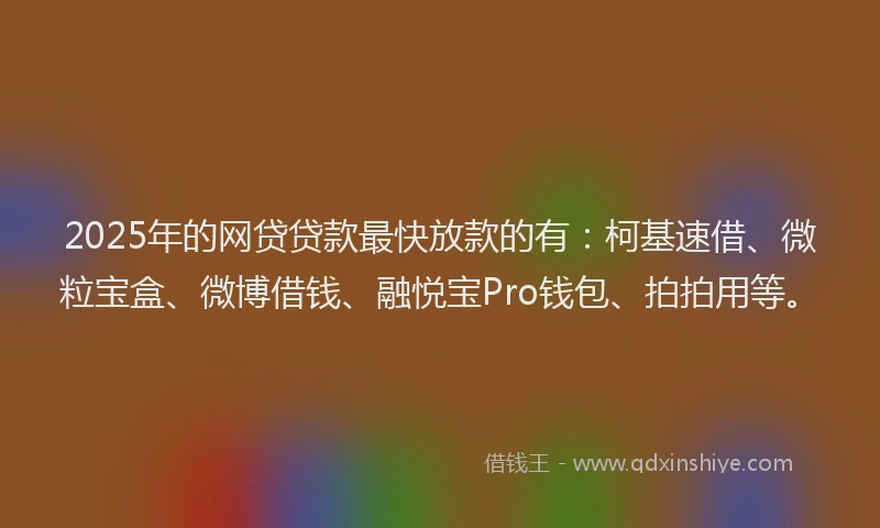 2025年的网贷贷款最快放款的有：柯基速借、微粒宝盒、微博借钱、融悦宝Pro钱包、拍拍用等。