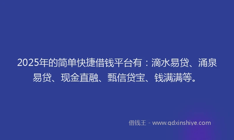 2025年的简单快捷借钱平台有:滴水易贷、涌泉易贷、现金直融、甄信贷宝、钱满满等。