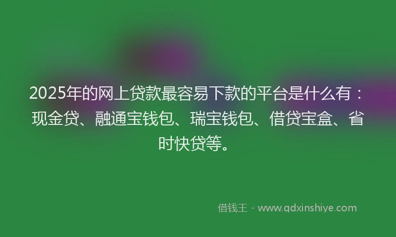 2025年的网上贷款最容易下款的平台是什么有：现金贷、融通宝钱包、瑞宝钱包、借贷宝盒、省时快贷等。