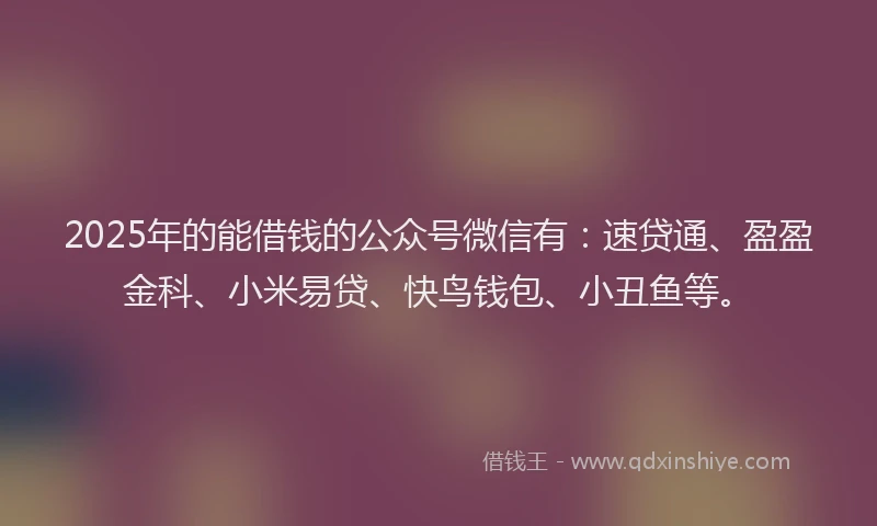 2025年的能借钱的公众号微信有:速贷通、盈盈金科、小米易贷、快鸟钱包、小丑鱼等。