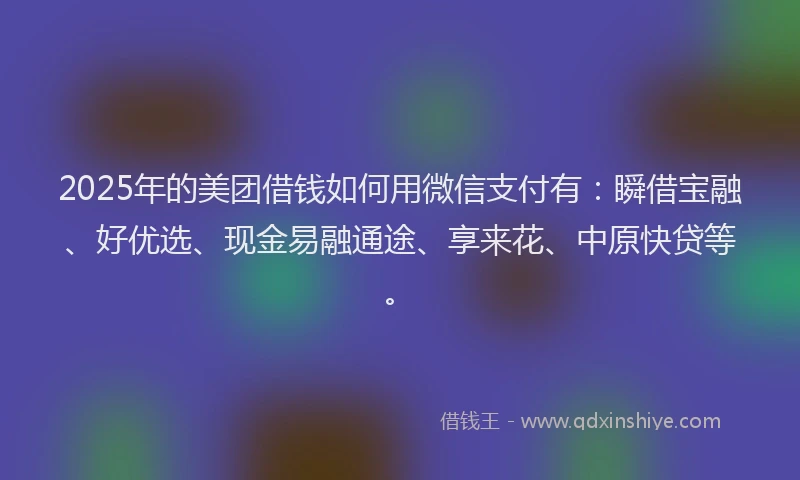2025年的美团借钱如何用微信支付有:瞬借宝融、好优选、现金易融通途、享来花、中原快贷等。