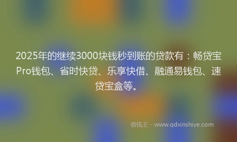 2025年的继续3000块钱秒到账的贷款有：畅贷宝Pro钱包、省时快贷、乐享快借、融通易钱包、速贷宝盒等。