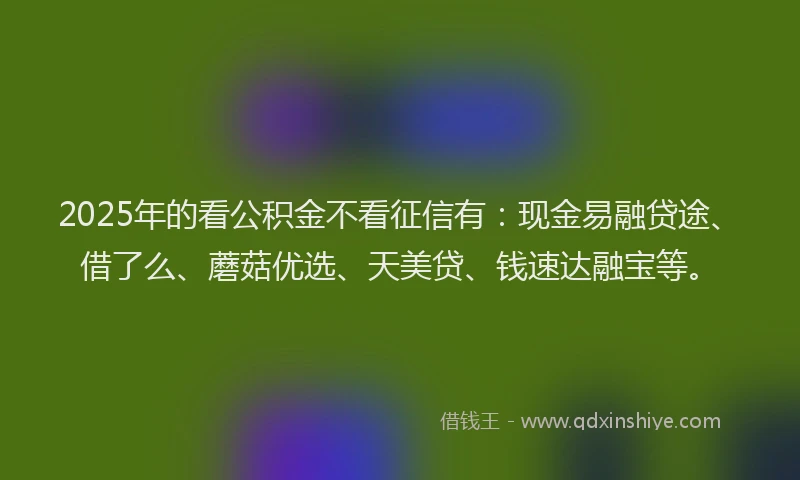 2025年的看公积金不看征信有：现金易融贷途、借了么、蘑菇优选、天美贷、钱速达融宝等。