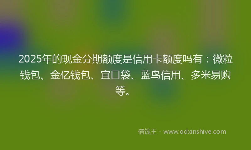 2025年的现金分期额度是信用卡额度吗有:微粒钱包、金亿钱包、宜口袋、蓝鸟信用、多米易购等。