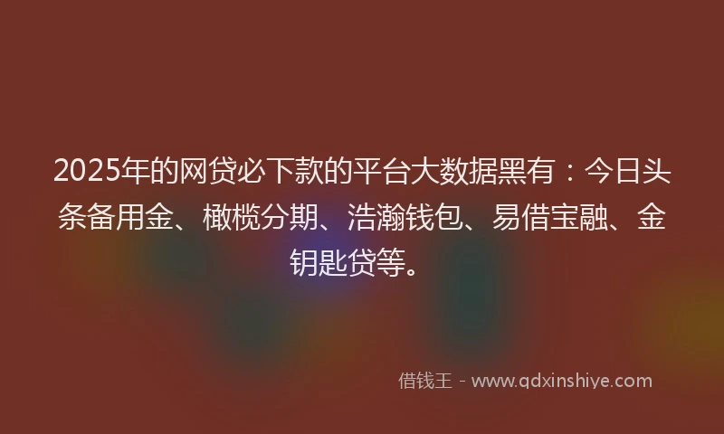 2025年的网贷必下款的平台大数据黑有:今日头条备用金、橄榄分期、浩瀚钱包、易借宝融、金钥匙贷等。