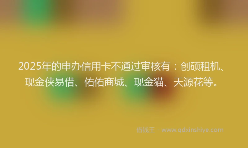 2025年的申办信用卡不通过审核有：创硕租机、现金侠易借、佑佑商城、现金猫、天源花等。