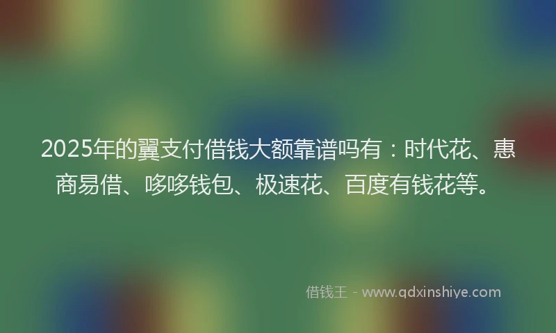 2025年的翼支付借钱大额靠谱吗有：时代花、惠商易借、哆哆钱包、极速花、百度有钱花等。