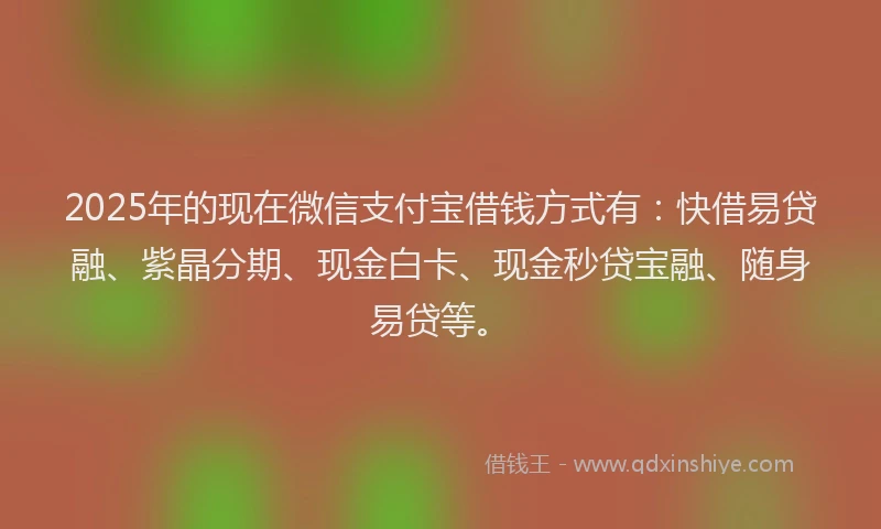 2025年的现在微信支付宝借钱方式有:快借易贷融、紫晶分期、现金白卡、现金秒贷宝融、随身易贷等。