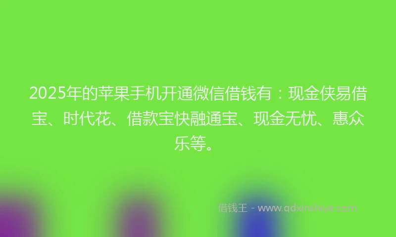 2025年的苹果手机开通微信借钱有：现金侠易借宝、时代花、借款宝快融通宝、现金无忧、惠众乐等。