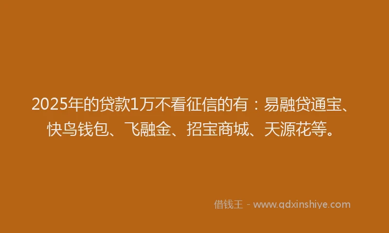 2025年的贷款1万不看征信的有:易融贷通宝、快鸟钱包、飞融金、招宝商城、天源花等。