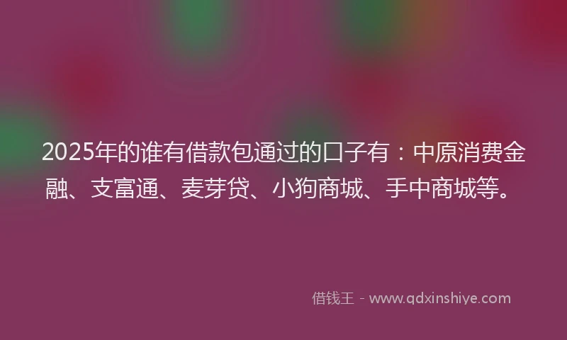 2025年的谁有借款包通过的口子有：中原消费金融、支富通、麦芽贷、小狗商城、手中商城等。