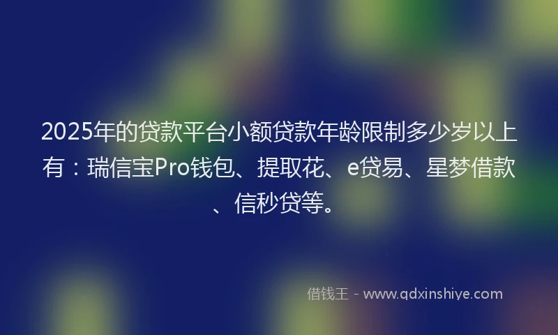 2025年的贷款平台小额贷款年龄限制多少岁以上有:瑞信宝Pro钱包、提取花、e贷易、星梦借款、信秒贷等。