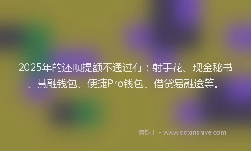 2025年的还呗提额不通过有:射手花、现金秘书、慧融钱包、便捷Pro钱包、借贷易融途等。