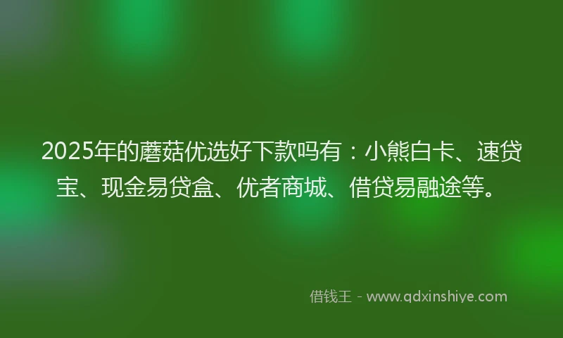 2025年的蘑菇优选好下款吗有：小熊白卡、速贷宝、现金易贷盒、优者商城、借贷易融途等。