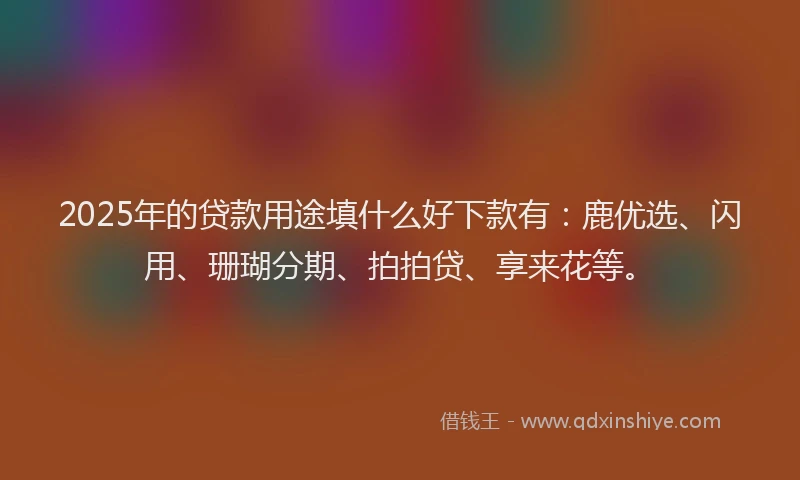 2025年的贷款用途填什么好下款有:鹿优选、闪用、珊瑚分期、拍拍贷、享来花等。