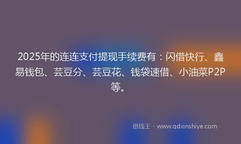 2025年的连连支付提现手续费有:闪借快行、鑫易钱包、芸豆分、芸豆花、钱袋速借、小油菜P2P等。
