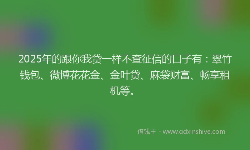2025年的跟你我贷一样不查征信的口子有:翠竹钱包、微博花花金、金叶贷、麻袋财富、畅享租机等。