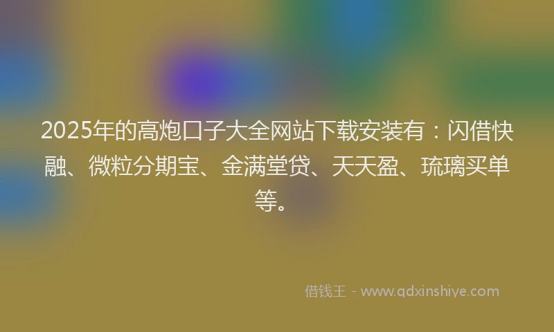 2025年的高炮口子大全网站下载安装有:闪借快融、微粒分期宝、金满堂贷、天天盈、琉璃买单等。
