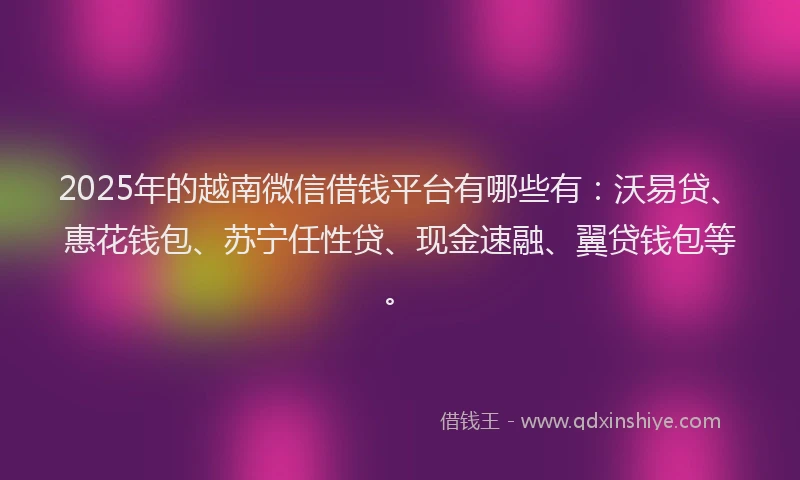 2025年的越南微信借钱平台有哪些有:沃易贷、惠花钱包、苏宁任性贷、现金速融、翼贷钱包等。