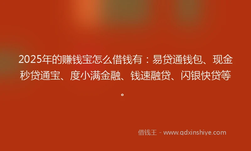 2025年的赚钱宝怎么借钱有:易贷通钱包、现金秒贷通宝、度小满金融、钱速融贷、闪银快贷等。