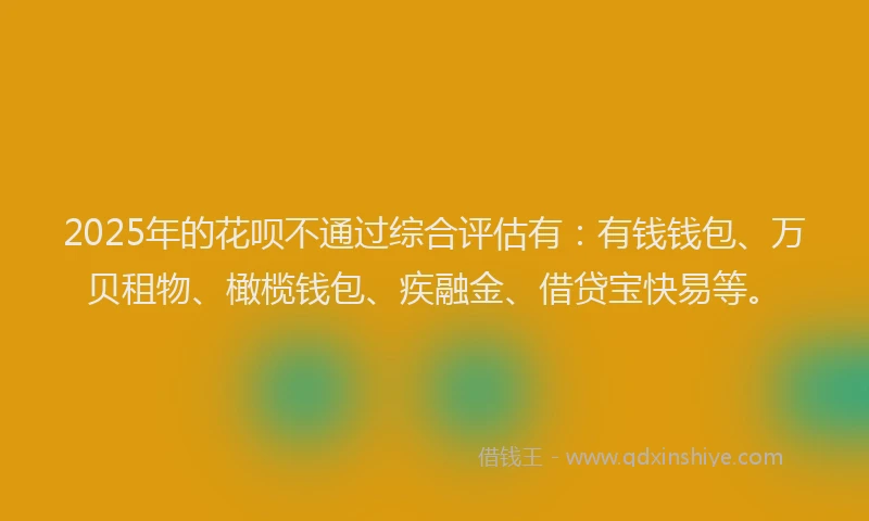 2025年的花呗不通过综合评估有：有钱钱包、万贝租物、橄榄钱包、疾融金、借贷宝快易等。