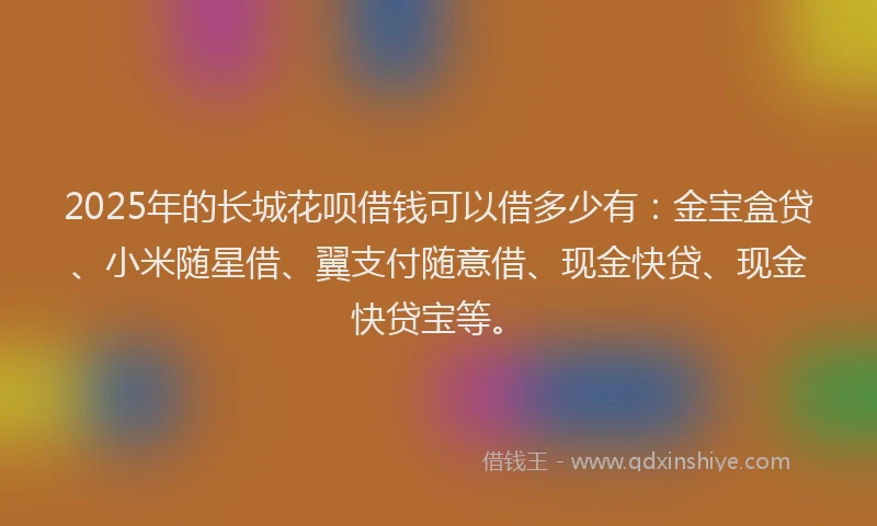 2025年的长城花呗借钱可以借多少有：金宝盒贷、小米随星借、翼支付随意借、现金快贷、现金快贷宝等。