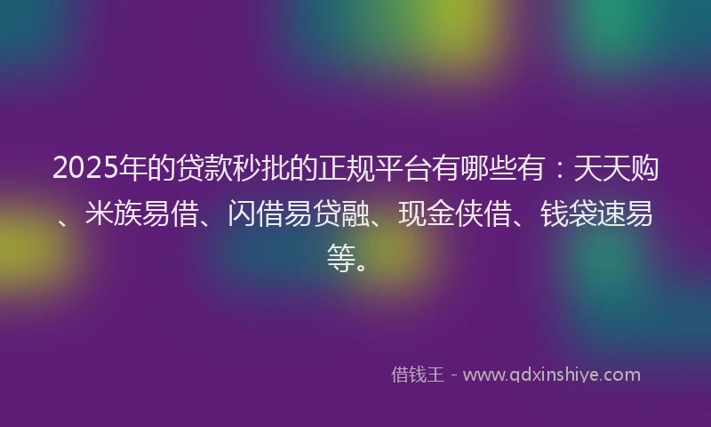 2025年的贷款秒批的正规平台有哪些有：天天购、米族易借、闪借易贷融、现金侠借、钱袋速易等。