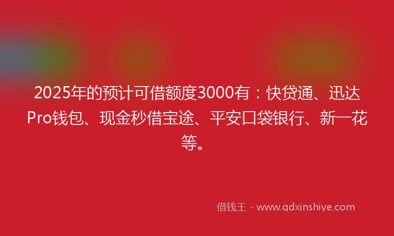2025年的预计可借额度3000有：快贷通、迅达Pro钱包、现金秒借宝途、平安口袋银行、新一花等。
