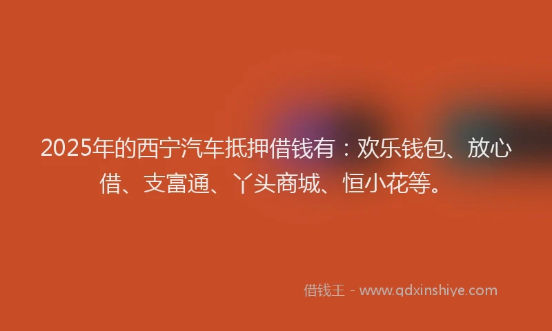 2025年的西宁汽车抵押借钱有：欢乐钱包、放心借、支富通、丫头商城、恒小花等。