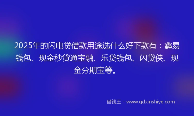 2025年的闪电贷借款用途选什么好下款有：鑫易钱包、现金秒贷通宝融、乐贷钱包、闪贷侠、现金分期宝等。