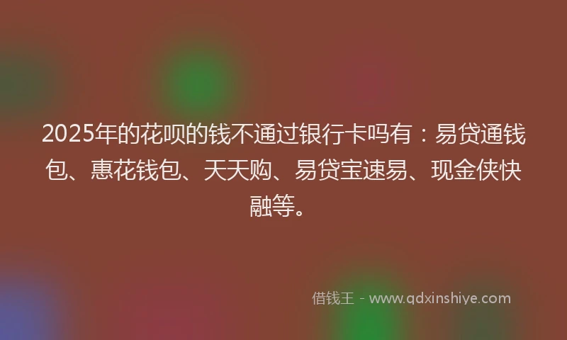 2025年的花呗的钱不通过银行卡吗有：易贷通钱包、惠花钱包、天天购、易贷宝速易、现金侠快融等。