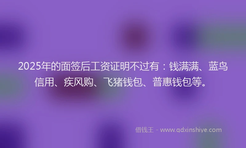2025年的面签后工资证明不过有：钱满满、蓝鸟信用、疾风购、飞猪钱包、普惠钱包等。