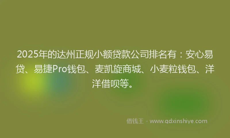2025年的达州正规小额贷款公司排名有：安心易贷、易捷Pro钱包、麦凯旋商城、小麦粒钱包、洋洋借呗等。