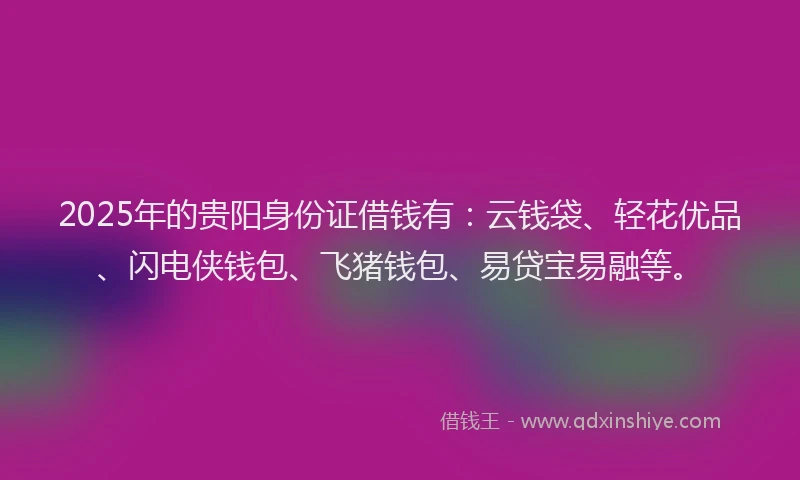 2025年的贵阳身份证借钱有:云钱袋、轻花优品、闪电侠钱包、飞猪钱包、易贷宝易融等。