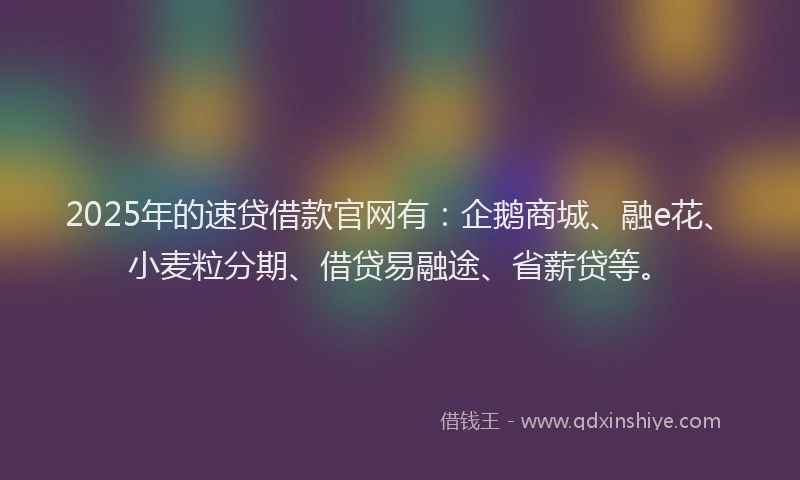 2025年的速贷借款官网有：企鹅商城、融e花、小麦粒分期、借贷易融途、省薪贷等。