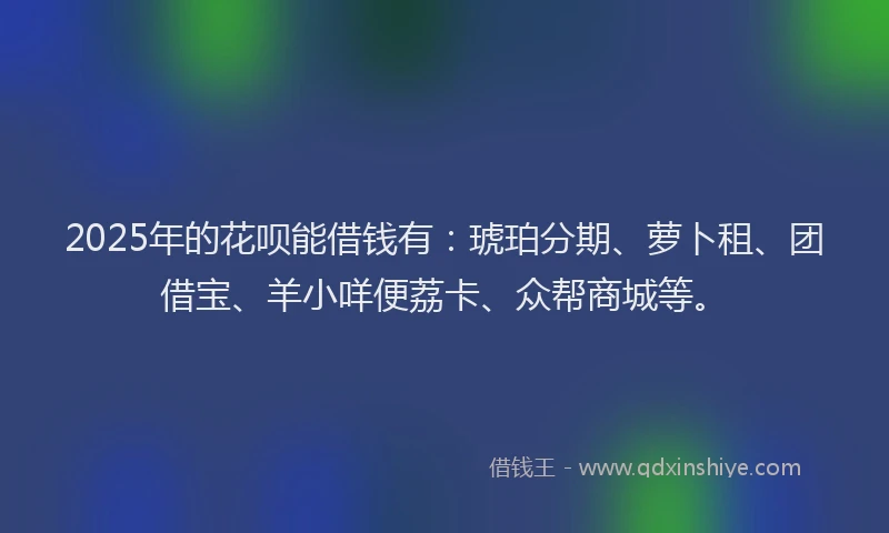 2025年的花呗能借钱有：琥珀分期、萝卜租、团借宝、羊小咩便荔卡、众帮商城等。
