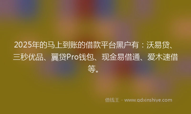 2025年的马上到账的借款平台黑户有：沃易贷、三秒优品、翼贷Pro钱包、现金易借通、爱木速借等。