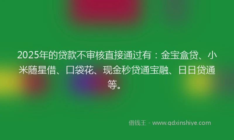 2025年的贷款不审核直接通过有:金宝盒贷、小米随星借、口袋花、现金秒贷通宝融、日日贷通等。