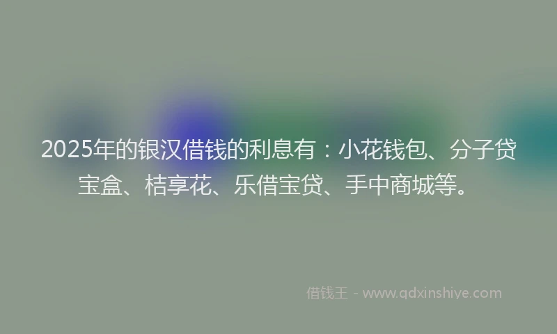 2025年的银汉借钱的利息有:小花钱包、分子贷宝盒、桔享花、乐借宝贷、手中商城等。
