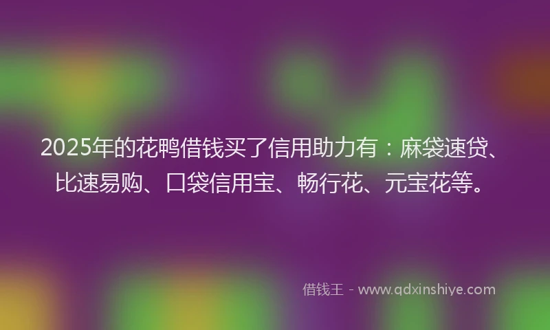 2025年的花鸭借钱买了信用助力有：麻袋速贷、比速易购、口袋信用宝、畅行花、元宝花等。