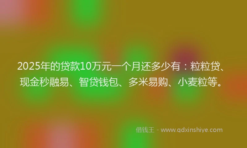 2025年的贷款10万元一个月还多少有:粒粒贷、现金秒融易、智贷钱包、多米易购、小麦粒等。