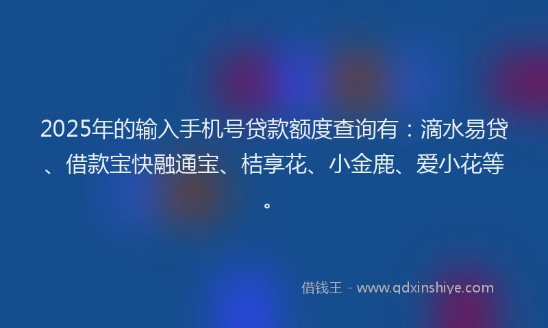 2025年的输入手机号贷款额度查询有：滴水易贷、借款宝快融通宝、桔享花、小金鹿、爱小花等。
