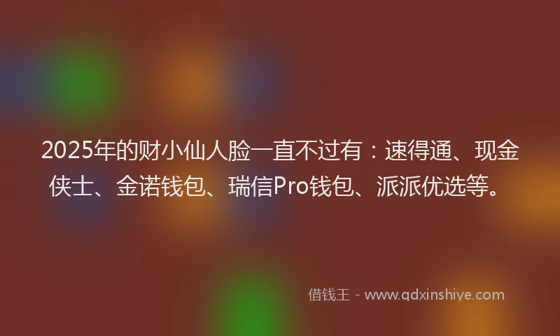 2025年的财小仙人脸一直不过有:速得通、现金侠士、金诺钱包、瑞信Pro钱包、派派优选等。